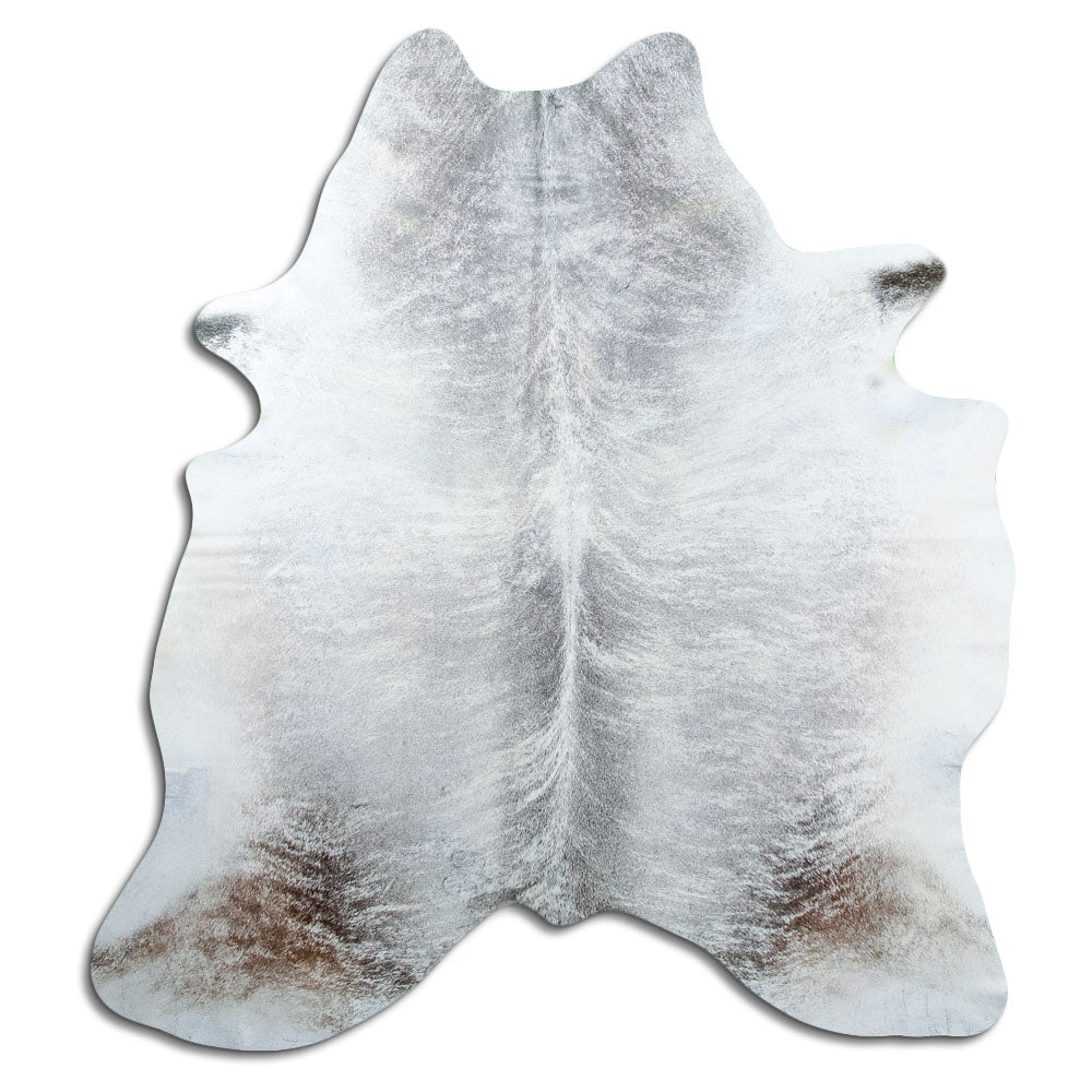 Grey cowhide rug of about 200 × 180 cm, seen from above: the exact hide you receive