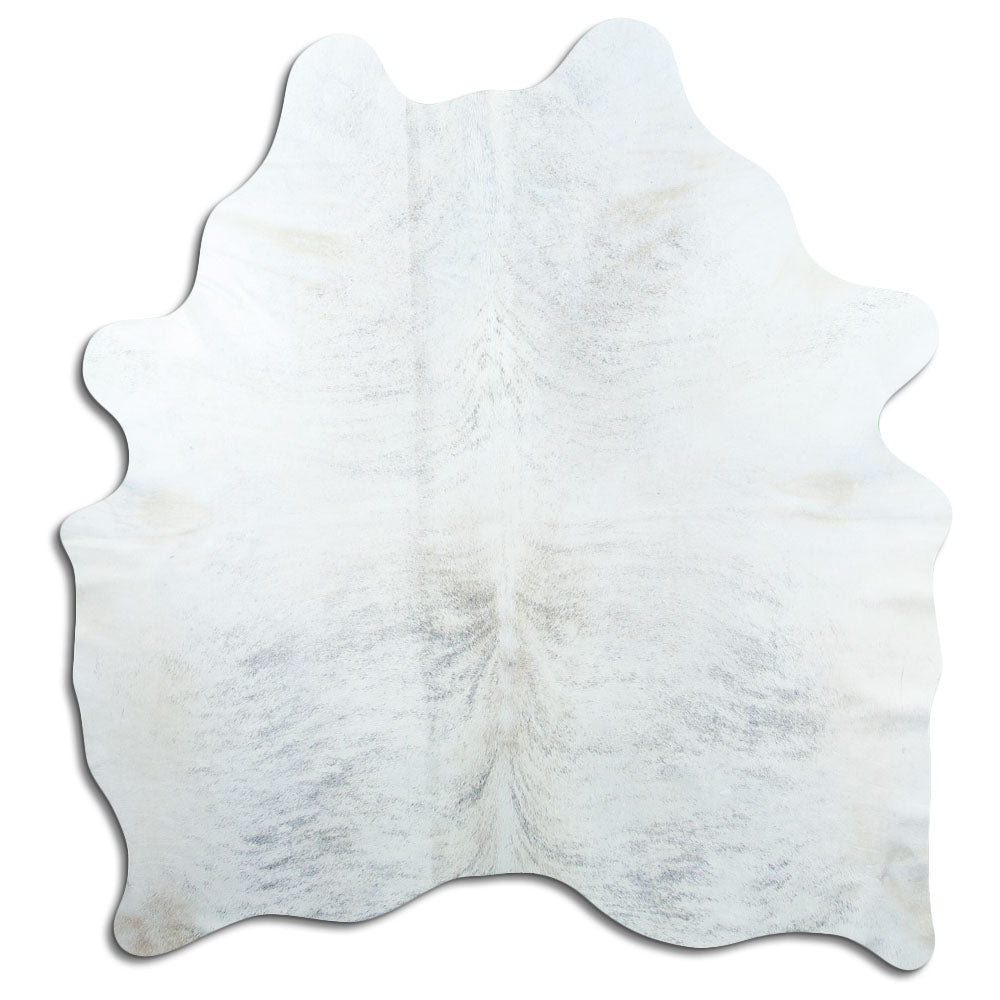 Grey cowhide rug of about 190 × 170 cm, seen from above: the exact hide you receive