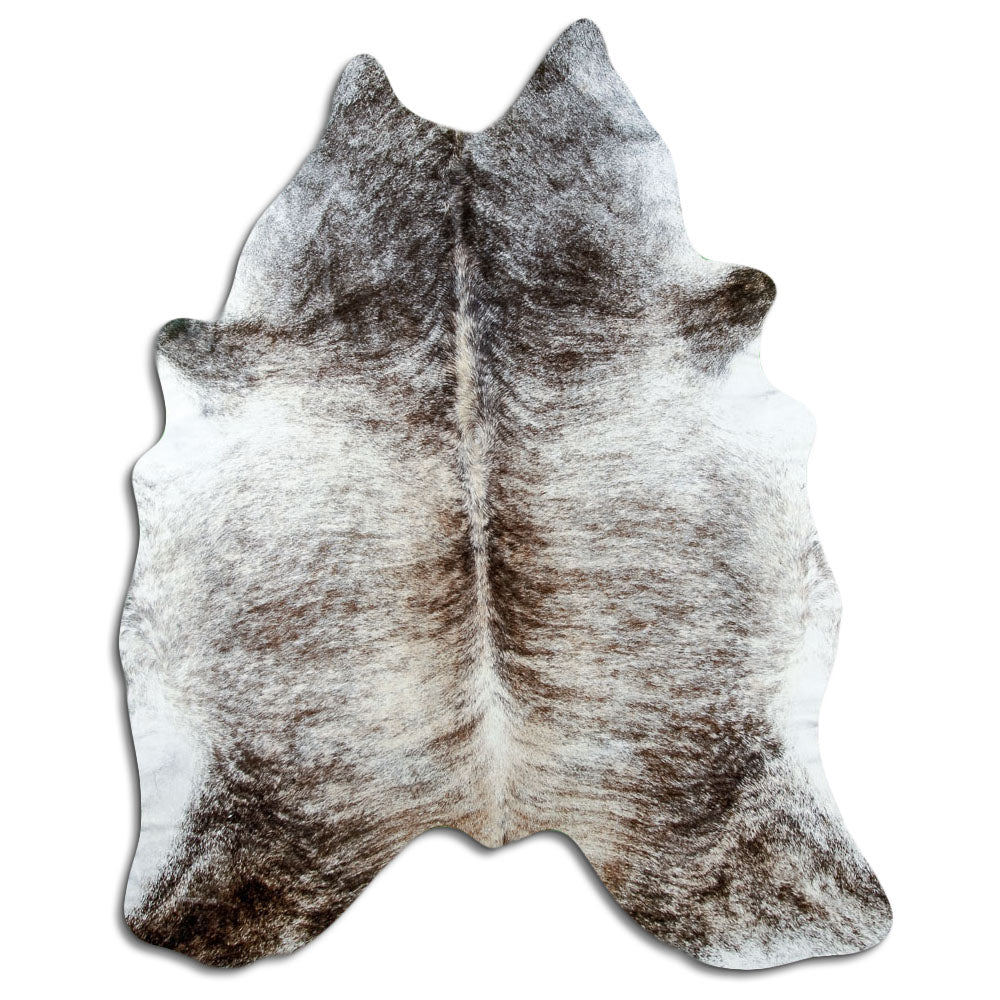 Grey cowhide rug of about 200 × 170 cm, seen from above: the exact hide you receive
