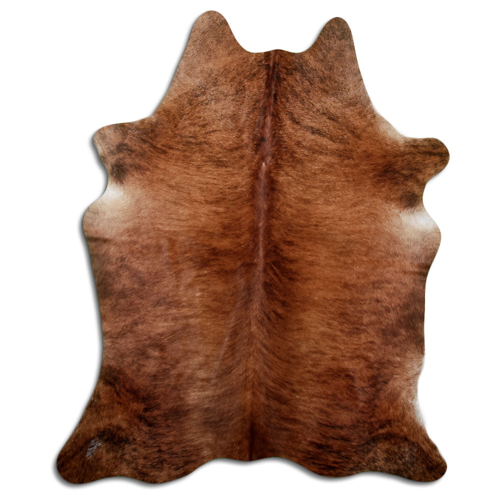 Brindle cowhide rug of about 200 × 160 cm, seen from above: the exact hide you receive
