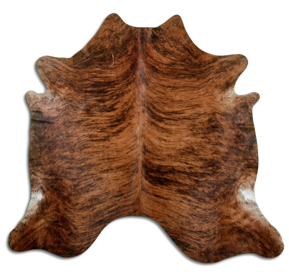 Brindle cowhide rug of about 170 × 190 cm, seen from above: the exact hide you receive