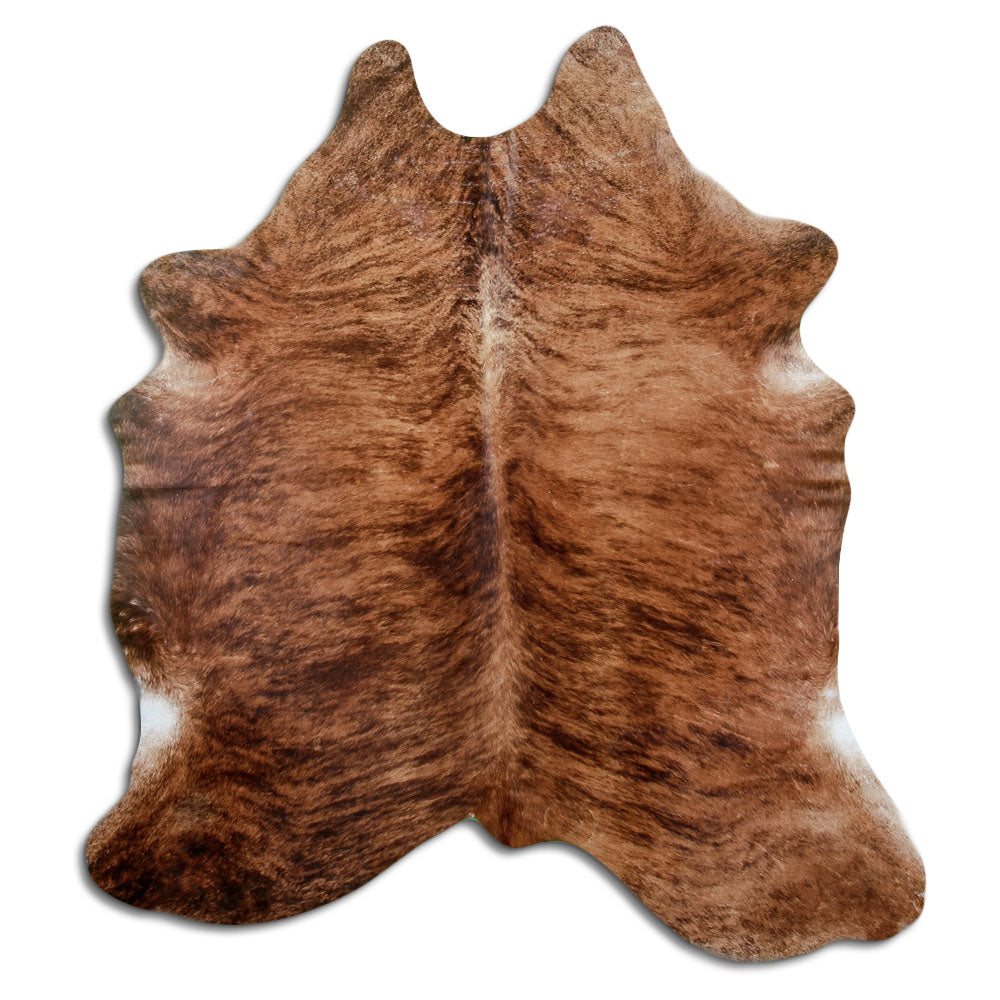 Brindle cowhide rug of about 190 × 170 cm, seen from above: the exact hide you receive
