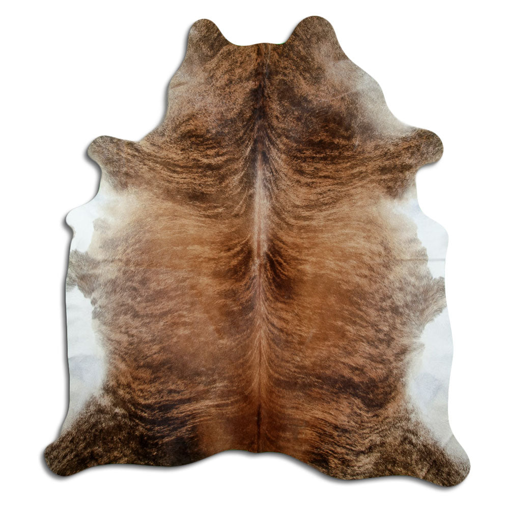 Brindle cowhide rug of about 230 × 210 cm, seen from above: the exact hide you receive