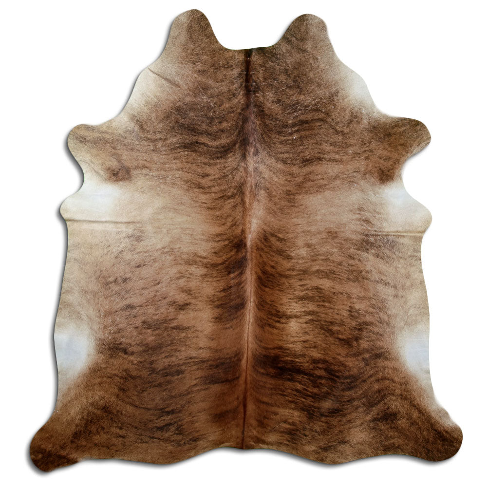 Brindle cowhide rug of about 210 × 190 cm, seen from above: the exact hide you receive