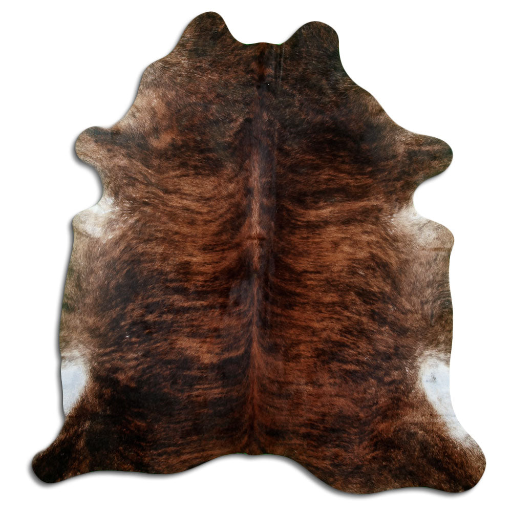 Brindle cowhide rug of about 220 × 210 cm, seen from above: the exact hide you receive