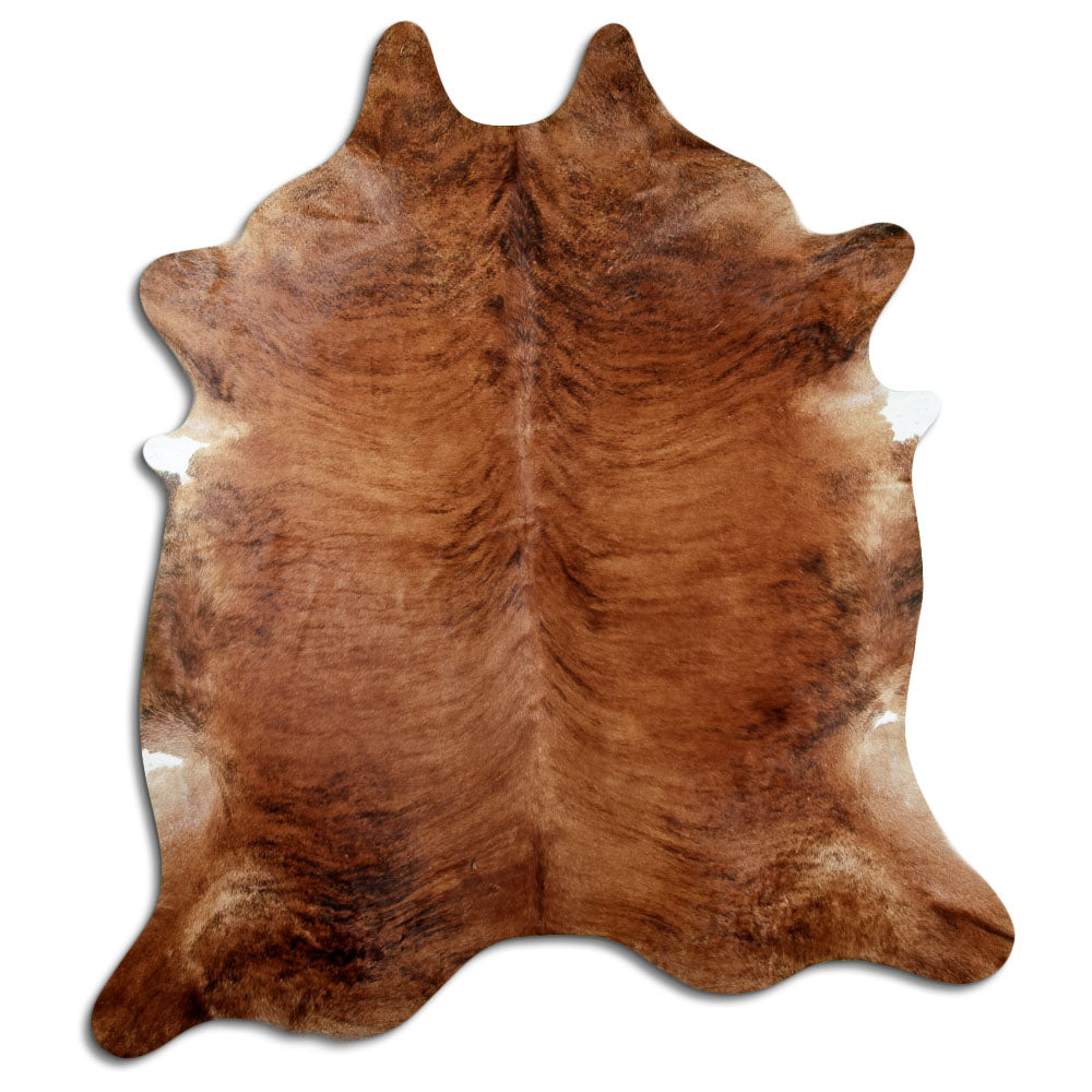 Brindle cowhide rug of about 230 × 200 cm, seen from above: the exact hide you receive