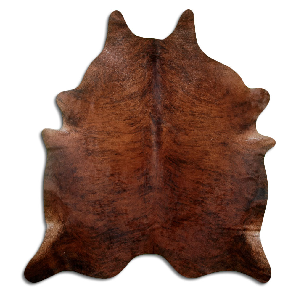 Brindle cowhide rug of about 200 × 180 cm, seen from above: the exact hide you receive