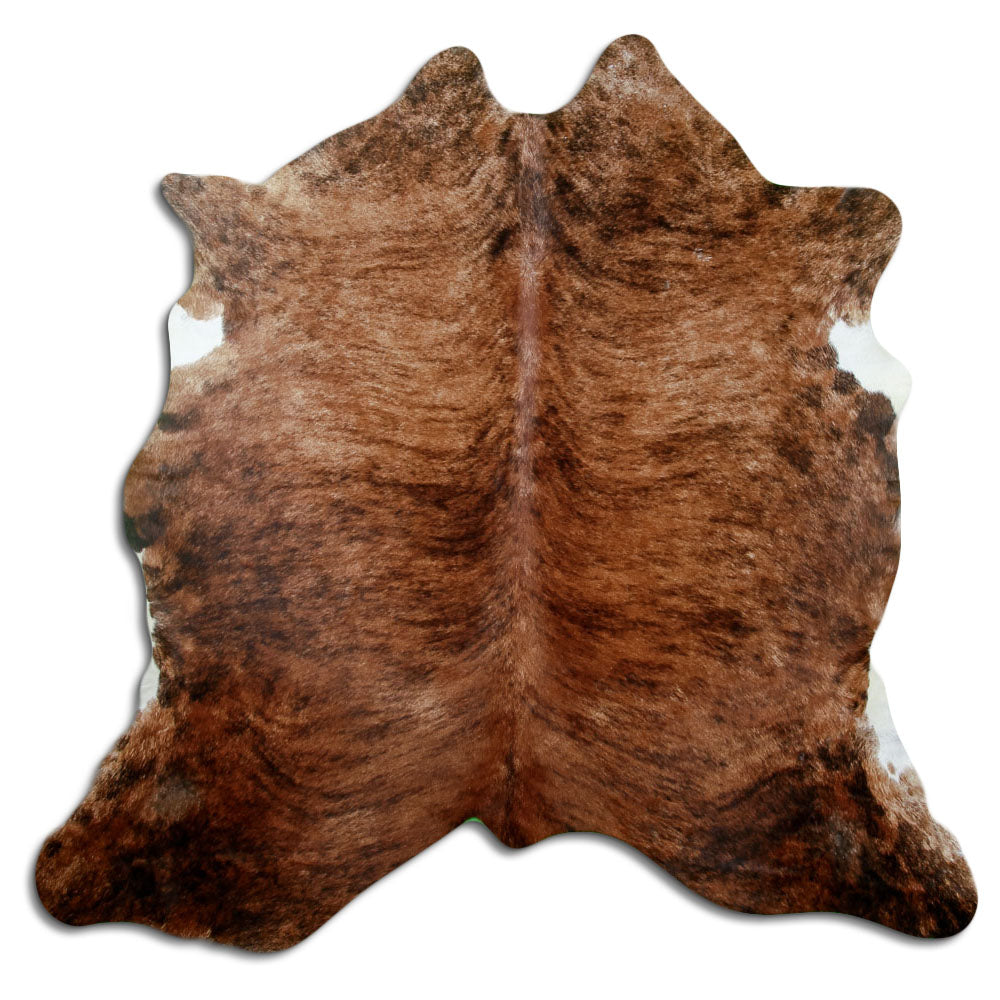Brindle cowhide rug of about 180 × 190 cm, seen from above: the exact hide you receive