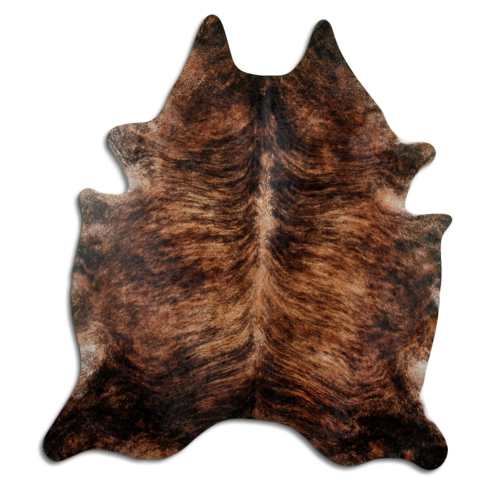 Brindle cowhide rug of about 210 × 190 cm, seen from above: the exact hide you receive