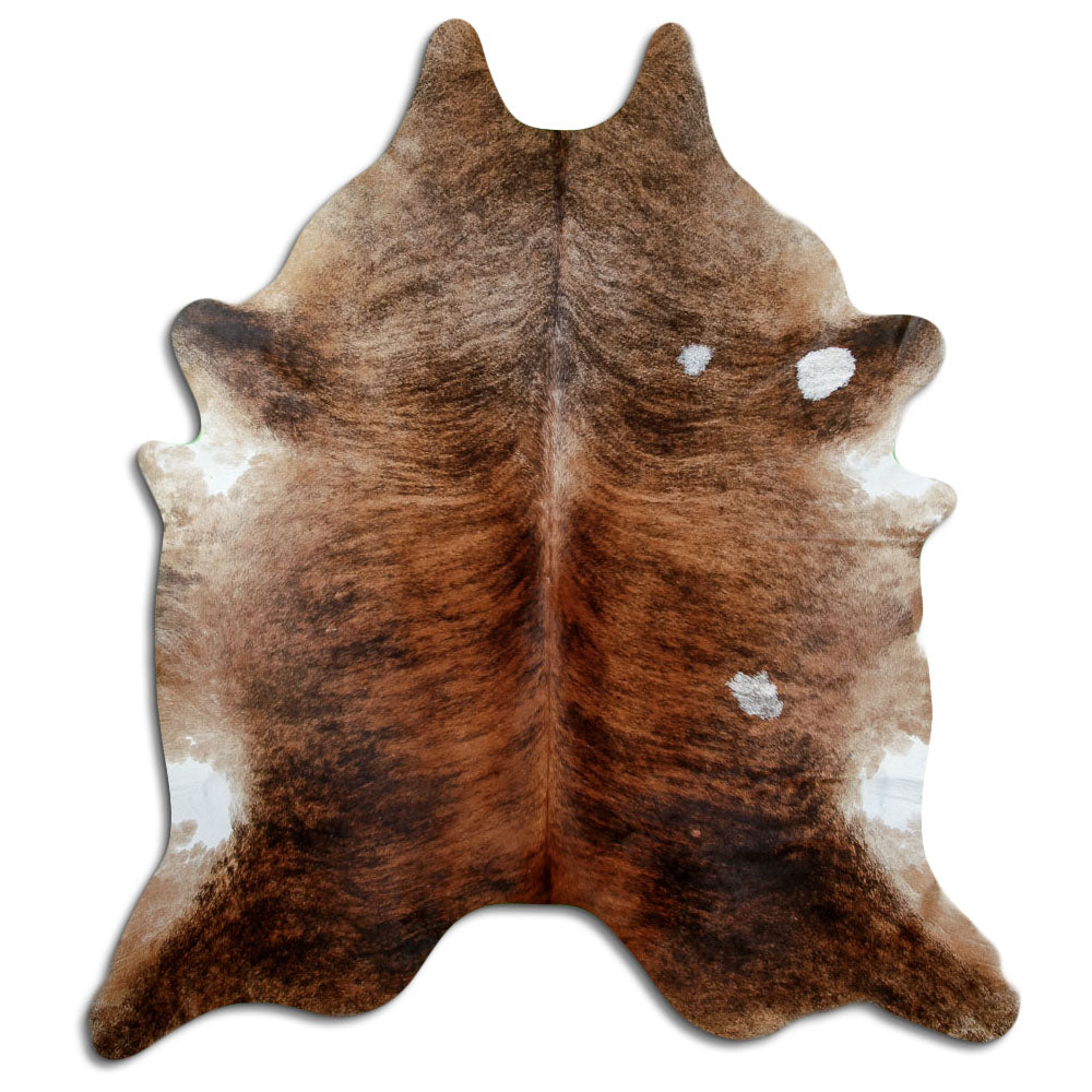Brindle cowhide rug of about 230 × 200 cm, seen from above: the exact hide you receive