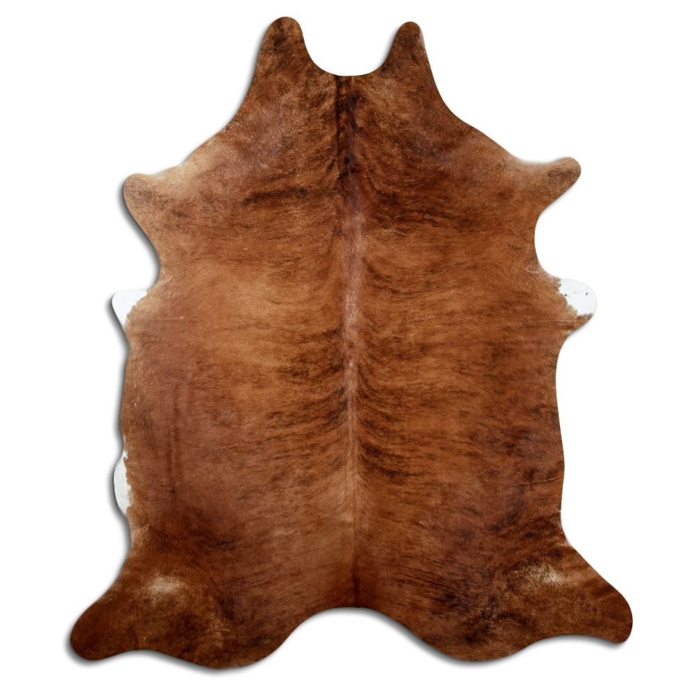 Brindle cowhide rug of about 240 × 200 cm, seen from above: the exact hide you receive