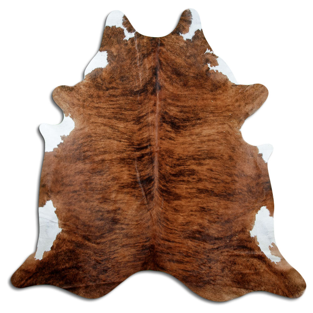 Brindle cowhide rug of about 210 × 210 cm, seen from above: the exact hide you receive
