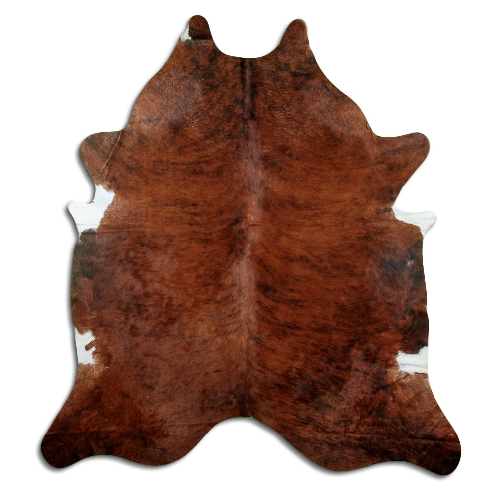 Brindle cowhide rug of about 210 × 190 cm, seen from above: the exact hide you receive