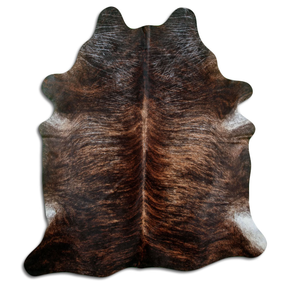Brindle cowhide rug of about 210 × 180 cm, seen from above: the exact hide you receive