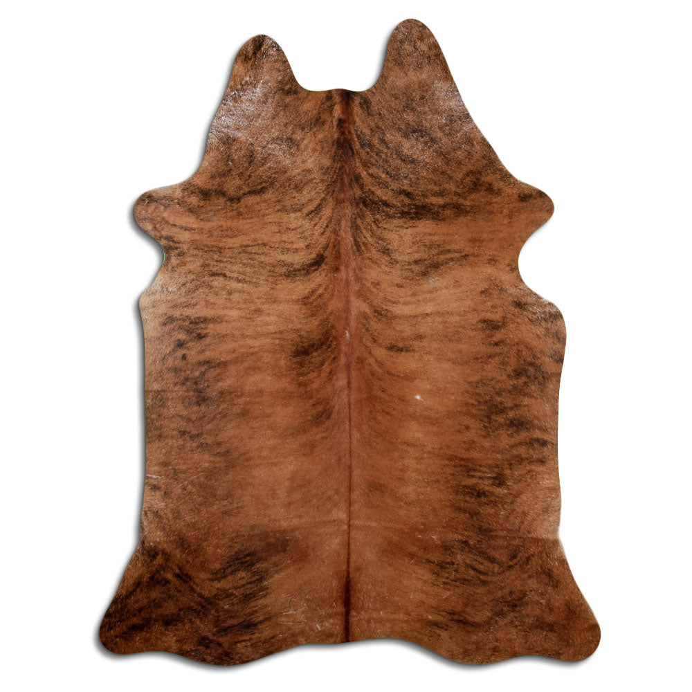 Brindle cowhide rug of about 210 × 160 cm, seen from above: the exact hide you receive