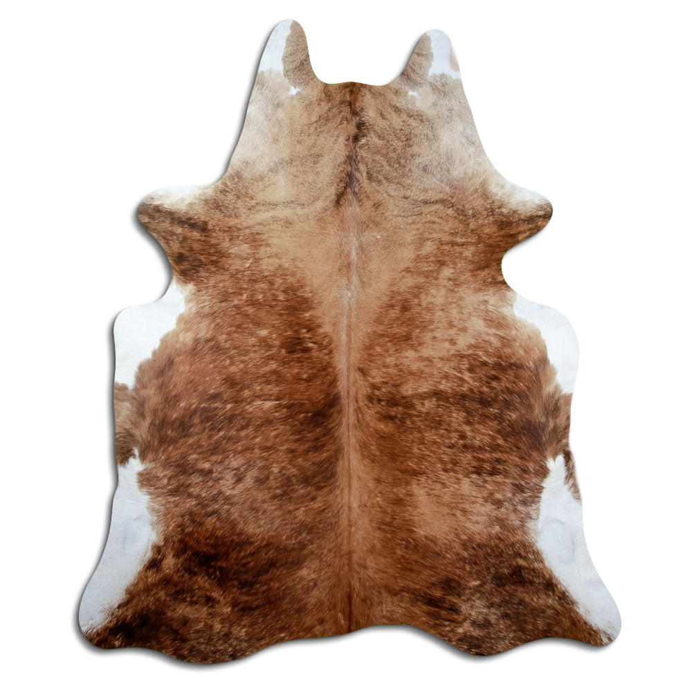 Brindle cowhide rug of about 230 × 190 cm, seen from above: the exact hide you receive