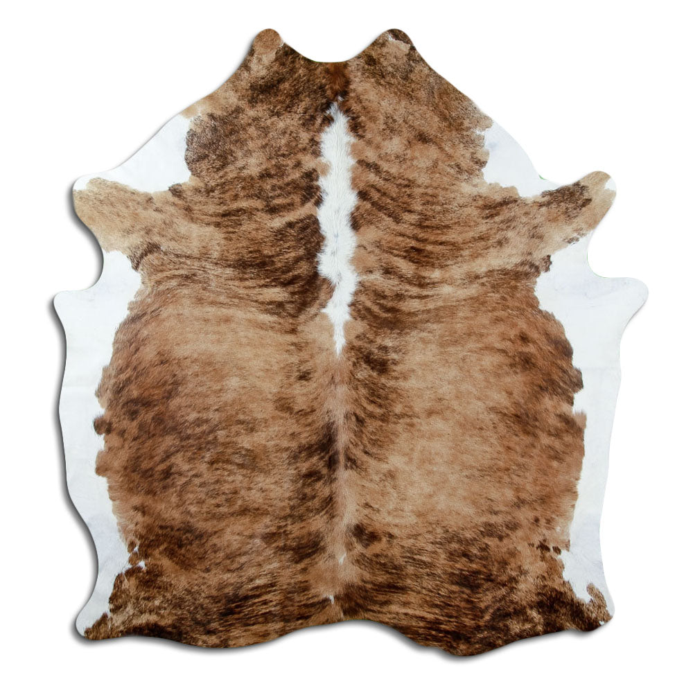 Brindle cowhide rug of about 190 × 160 cm, seen from above: the exact hide you receive