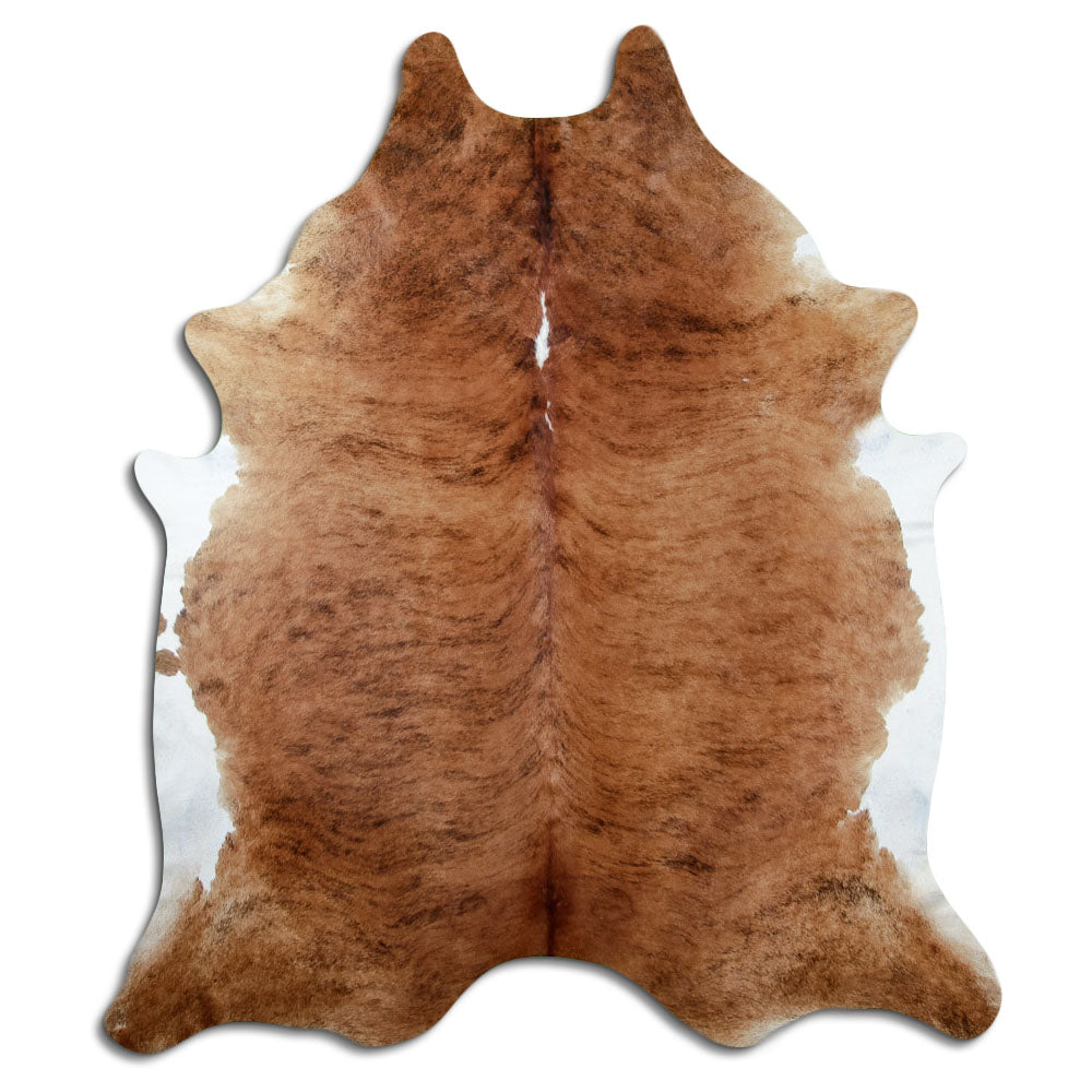 Brindle cowhide rug of about 230 × 200 cm, seen from above: the exact hide you receive