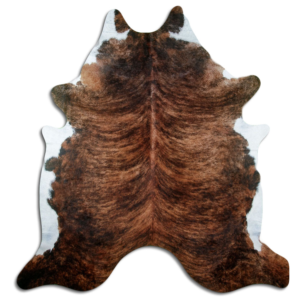 Brindle cowhide rug of about 230 × 220 cm, seen from above: the exact hide you receive