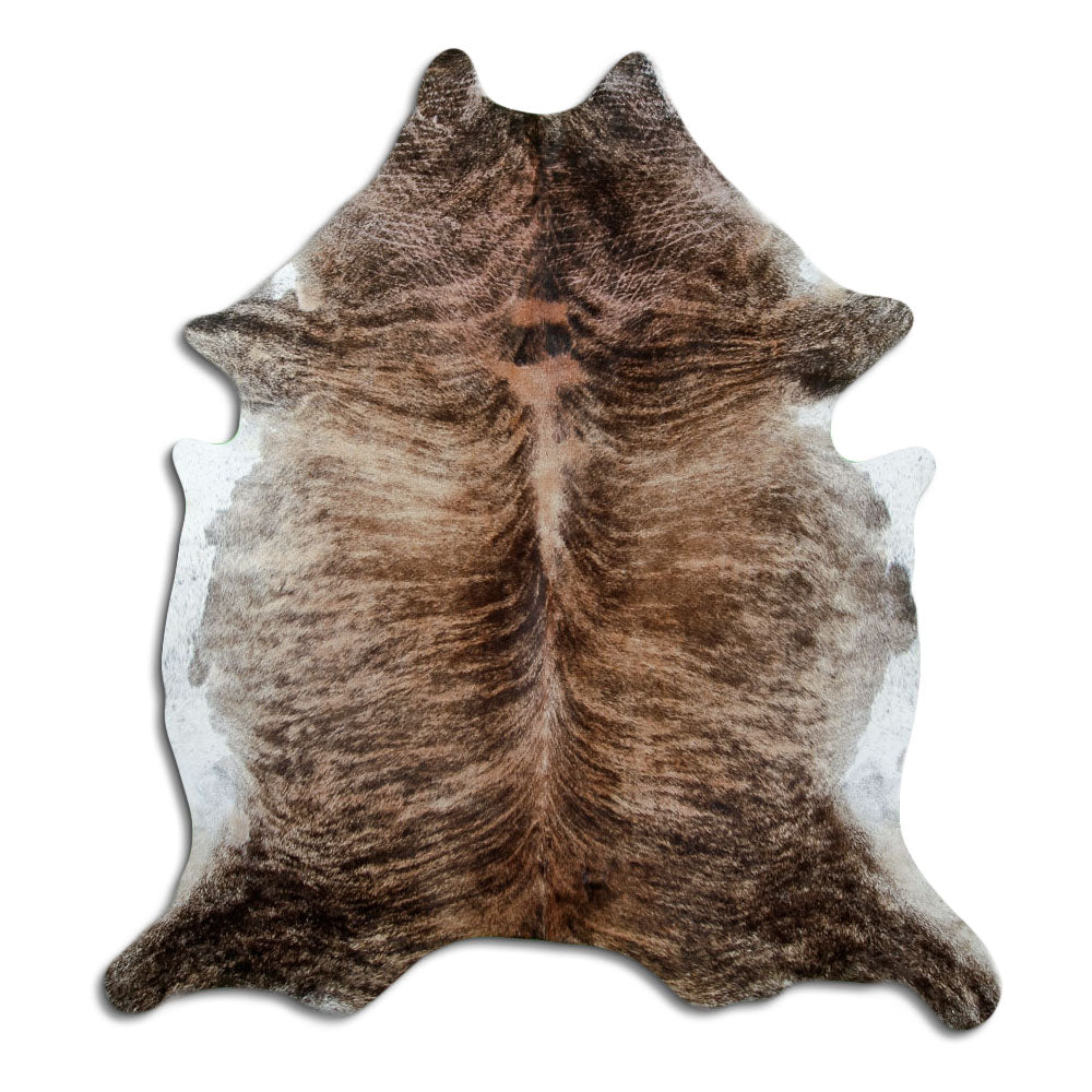 Brindle cowhide rug of about 220 × 200 cm, seen from above: the exact hide you receive