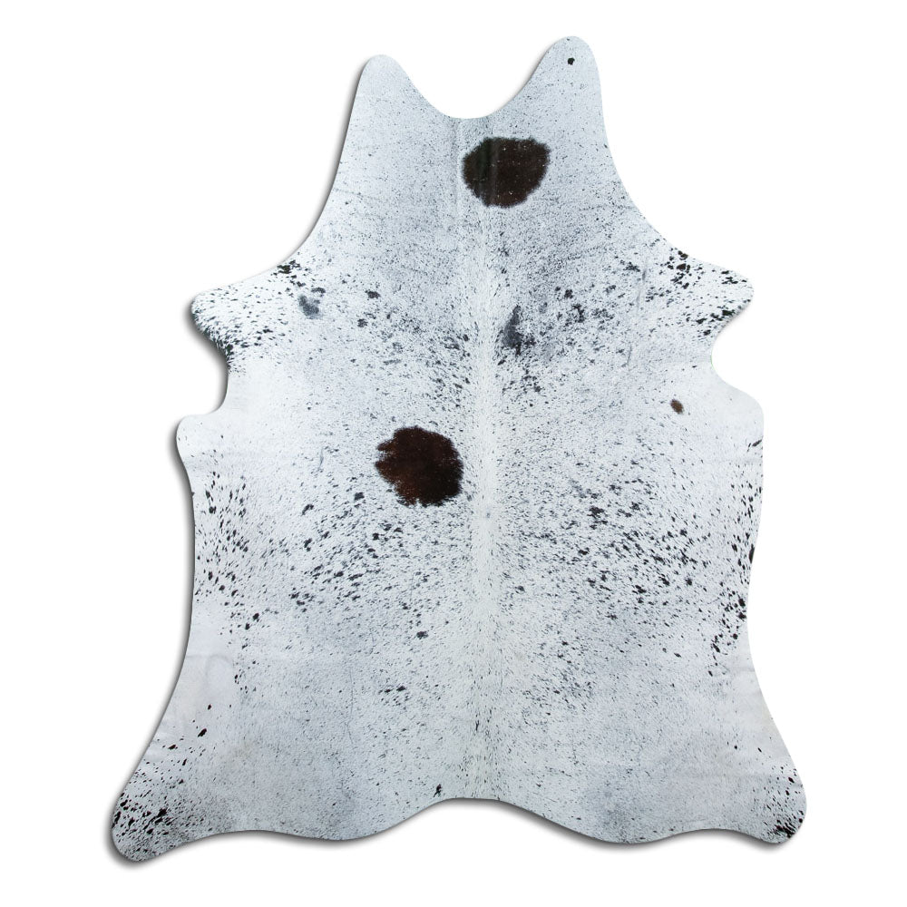 Salt and pepper cowhide rug of about 190 × 160 cm, seen from above: the exact hide you receive