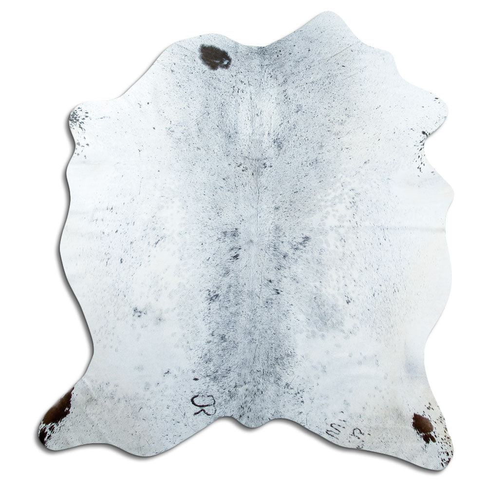 Salt and pepper cowhide rug of about 170 × 160 cm, seen from above: the exact hide you receive