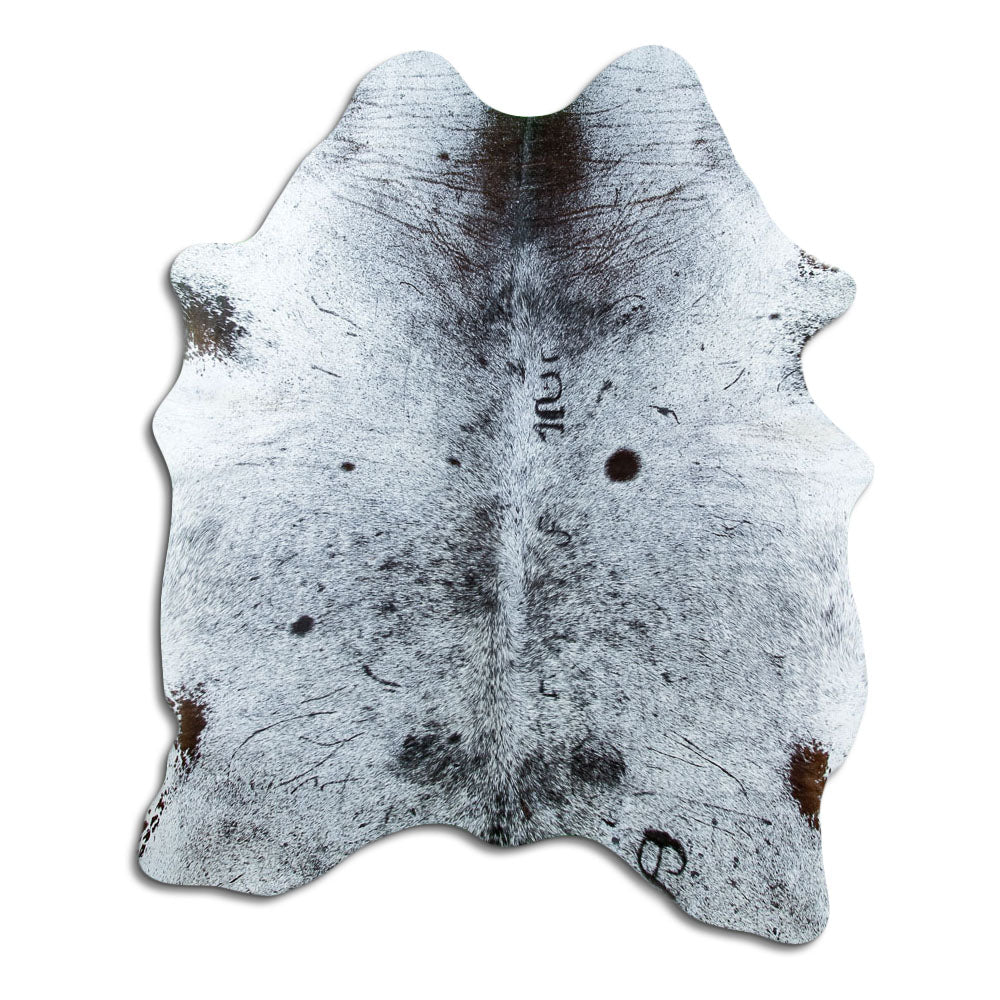 Salt and pepper cowhide rug of about 180 × 140 cm, seen from above: the exact hide you receive