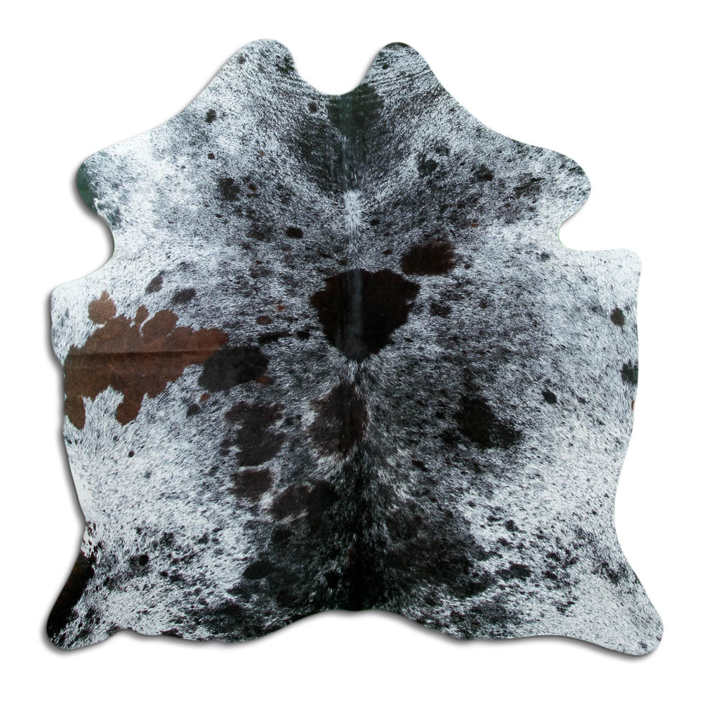 Salt and pepper cowhide rug of about 160 × 160 cm, seen from above: the exact hide you receive