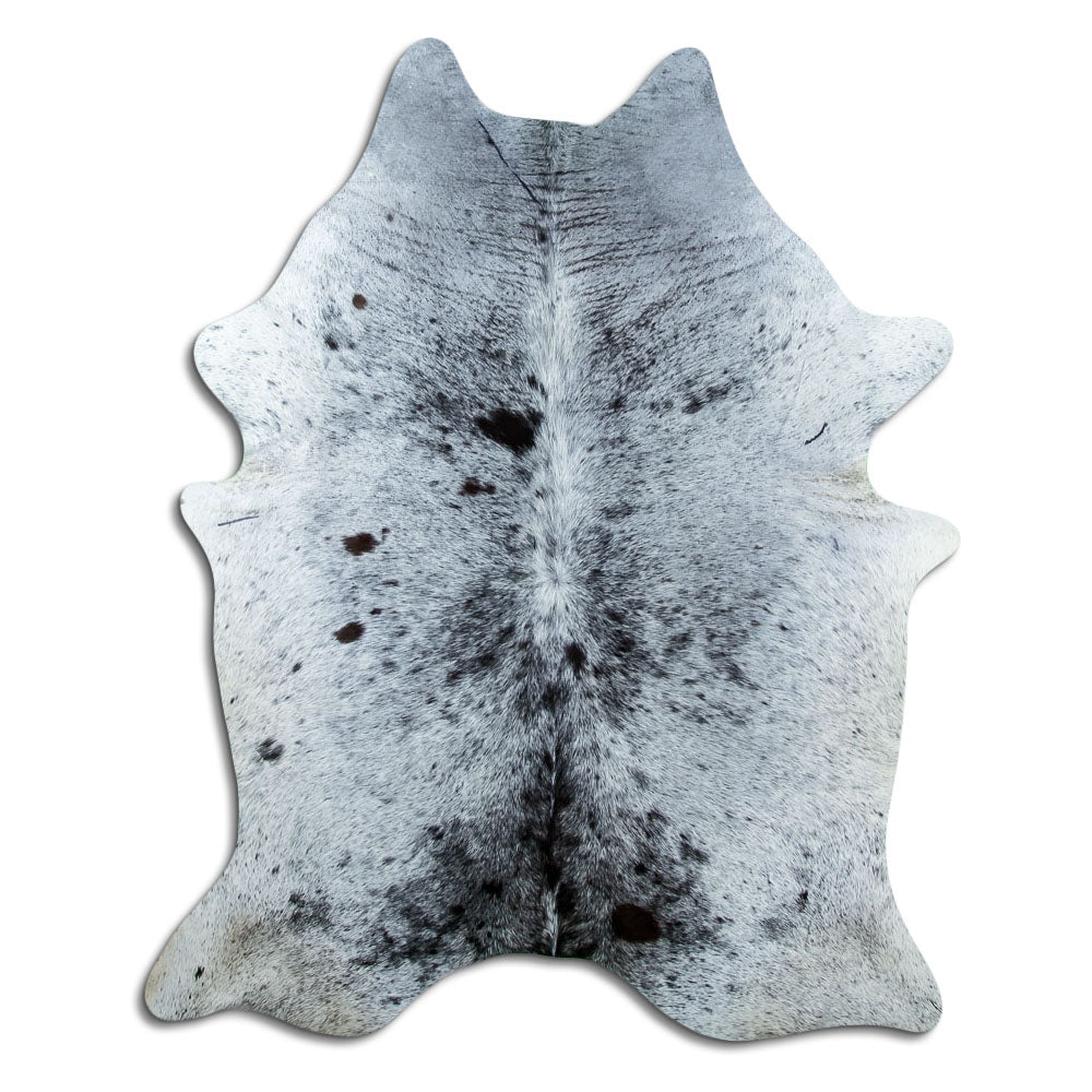 Salt and pepper cowhide rug of about 210 × 170 cm, seen from above: the exact hide you receive