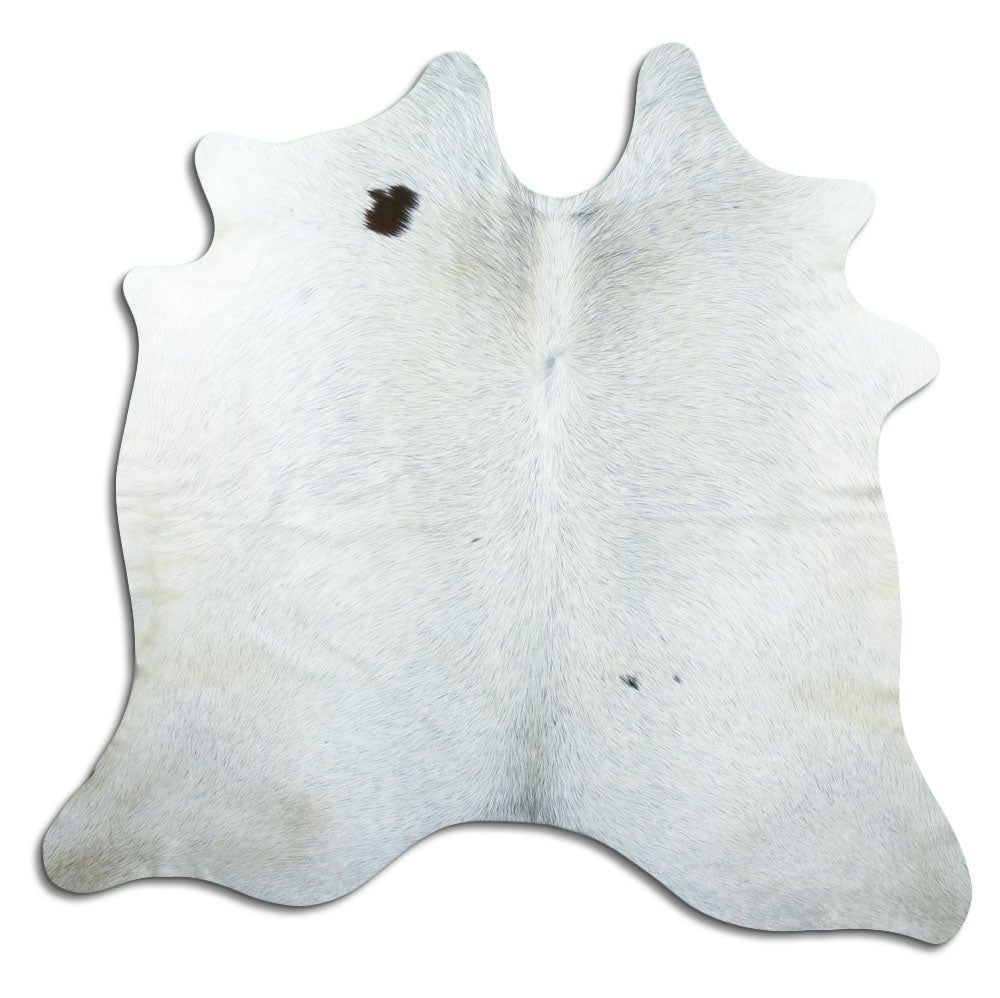 Salt and pepper cowhide rug of about 170 × 180 cm, seen from above: the exact hide you receive