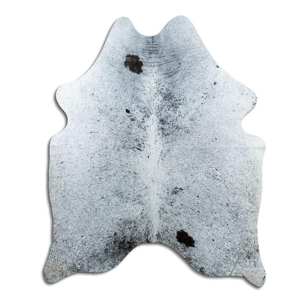 Salt and pepper cowhide rug of about 180 × 150 cm, seen from above: the exact hide you receive