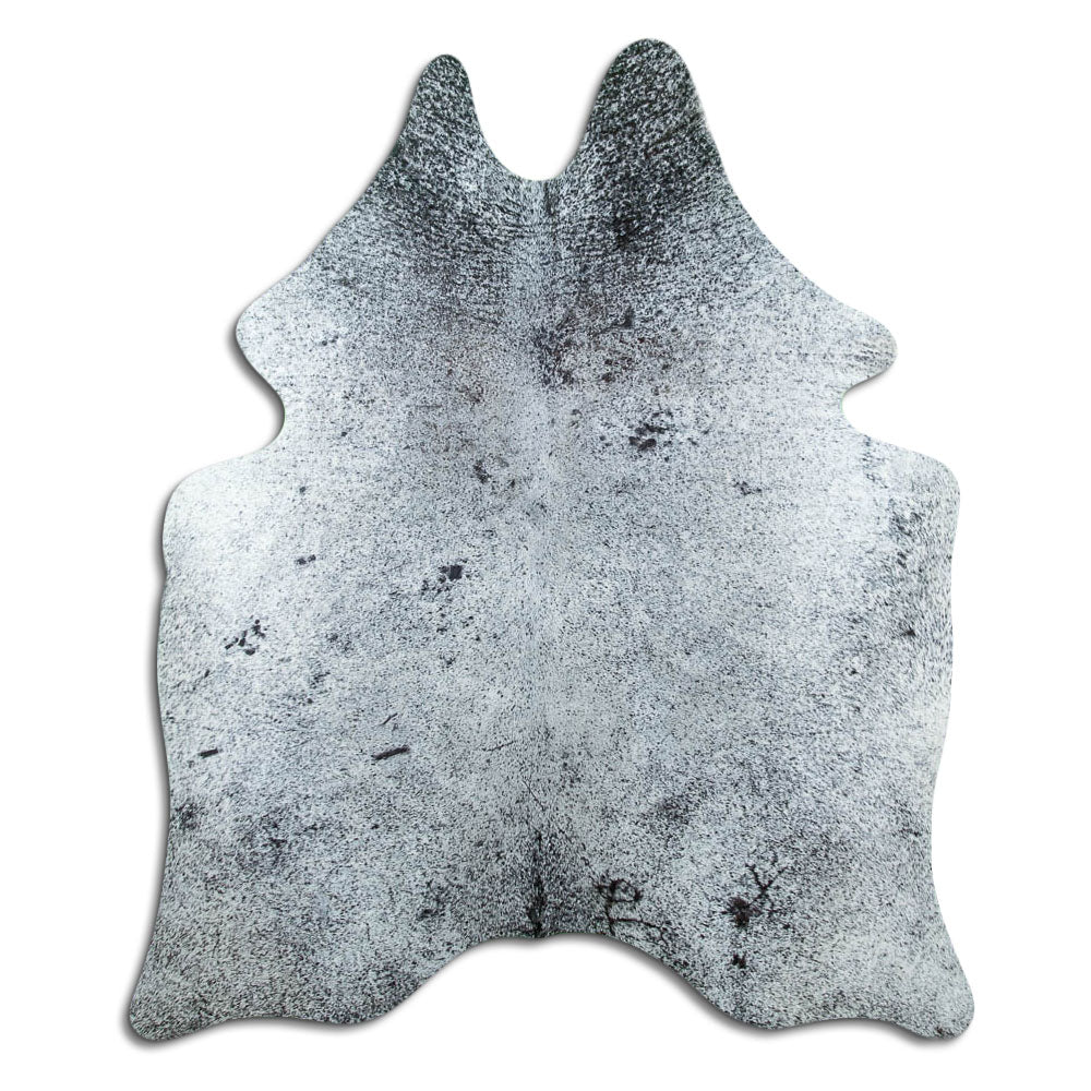 Salt and pepper cowhide rug of about 190 × 160 cm, seen from above: the exact hide you receive