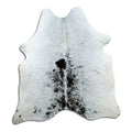 Salt and pepper cowhide rug of about 170 × 160 cm, seen from above: the exact hide you receive
