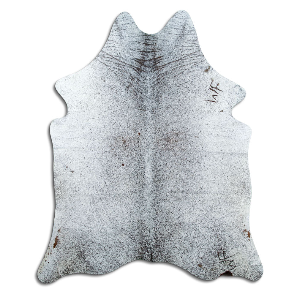 Salt and pepper cowhide rug of about 180 × 150 cm, seen from above: the exact hide you receive