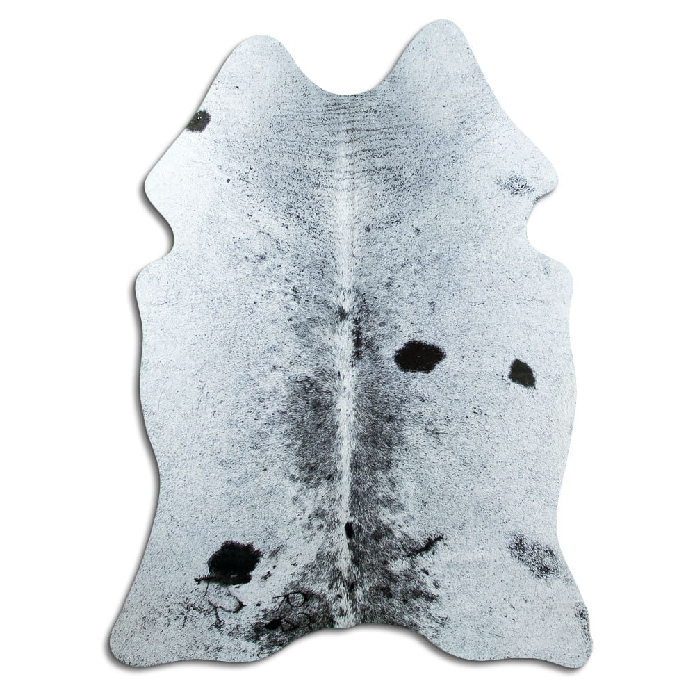 Salt and pepper cowhide rug of about 190 × 140 cm, seen from above: the exact hide you receive