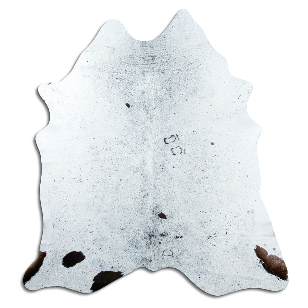 Salt and pepper cowhide rug of about 190 × 180 cm, seen from above: the exact hide you receive