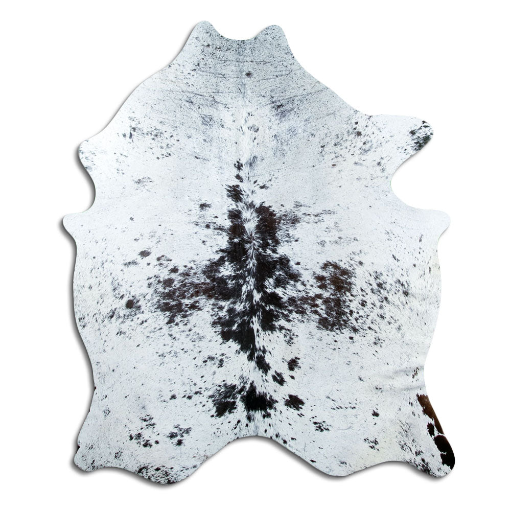 Salt and pepper cowhide rug of about 190 × 160 cm, seen from above: the exact hide you receive