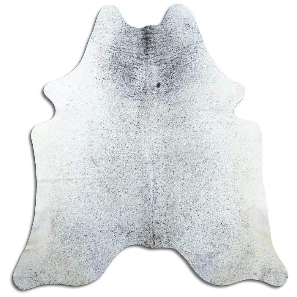 Salt and pepper cowhide rug of about 200 × 190 cm, seen from above: the exact hide you receive