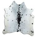 Salt and pepper cowhide rug of about 180 × 170 cm, seen from above: the exact hide you receive