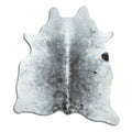 Salt and pepper cowhide rug of about 180 × 160 cm, seen from above: the exact hide you receive