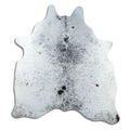 Salt and pepper cowhide rug of about 190 × 180 cm, seen from above: the exact hide you receive