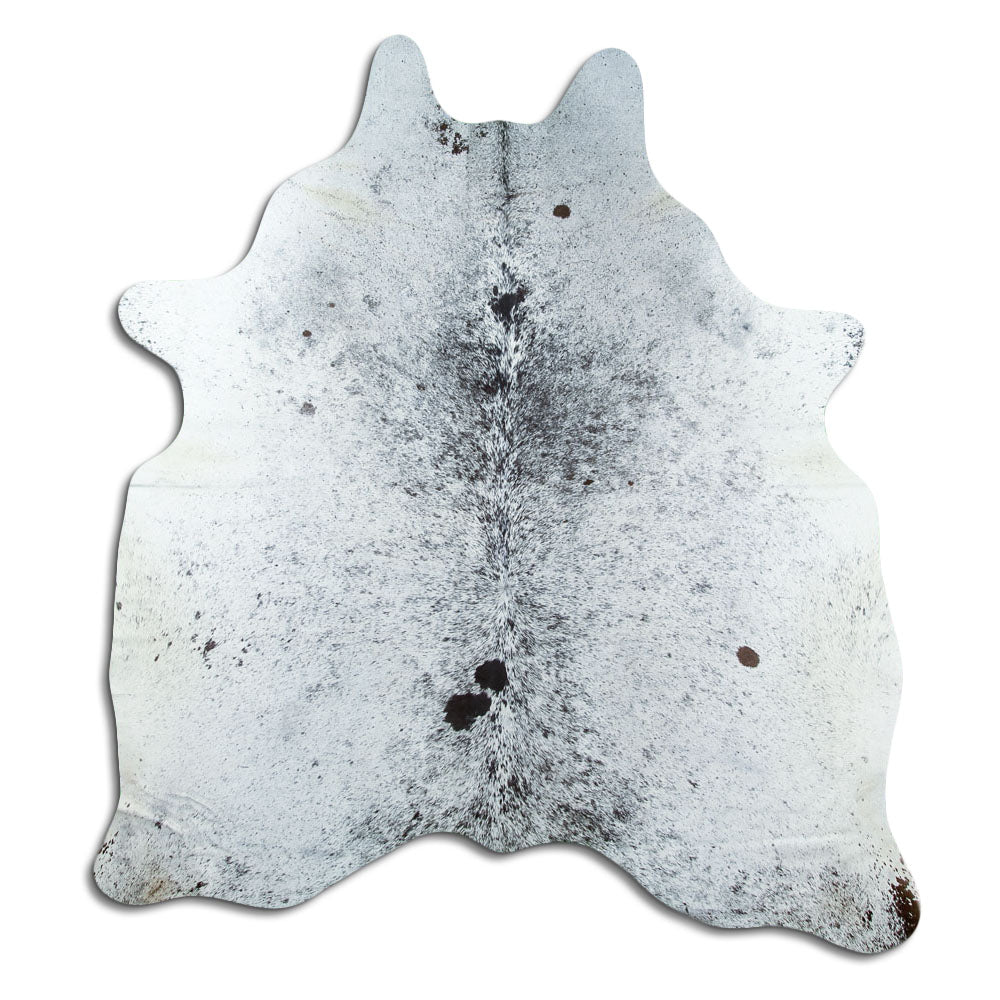 Salt and pepper cowhide rug of about 190 × 180 cm, seen from above: the exact hide you receive