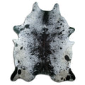 Salt and pepper cowhide rug of about 230 × 190 cm, seen from above: the exact hide you receive