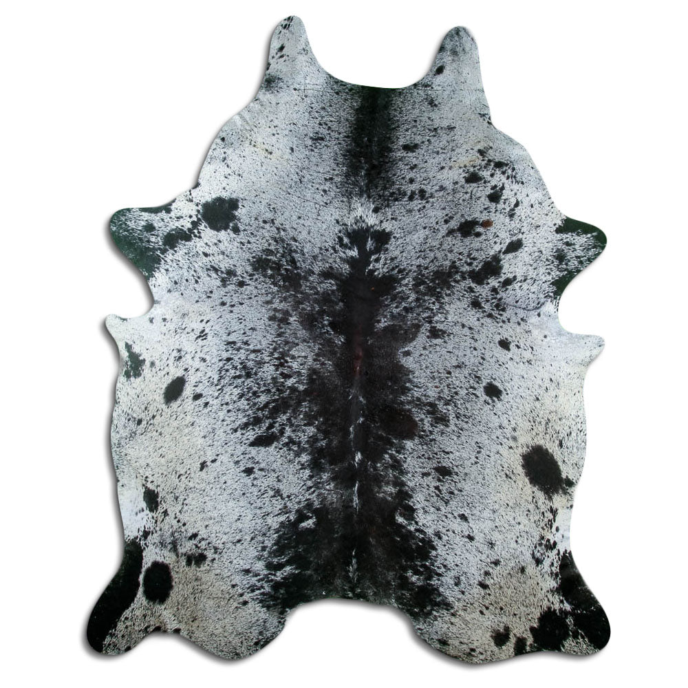 Salt and pepper cowhide rug of about 230 × 190 cm, seen from above: the exact hide you receive