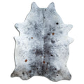 Salt and pepper cowhide rug of about 240 × 180 cm, seen from above: the exact hide you receive