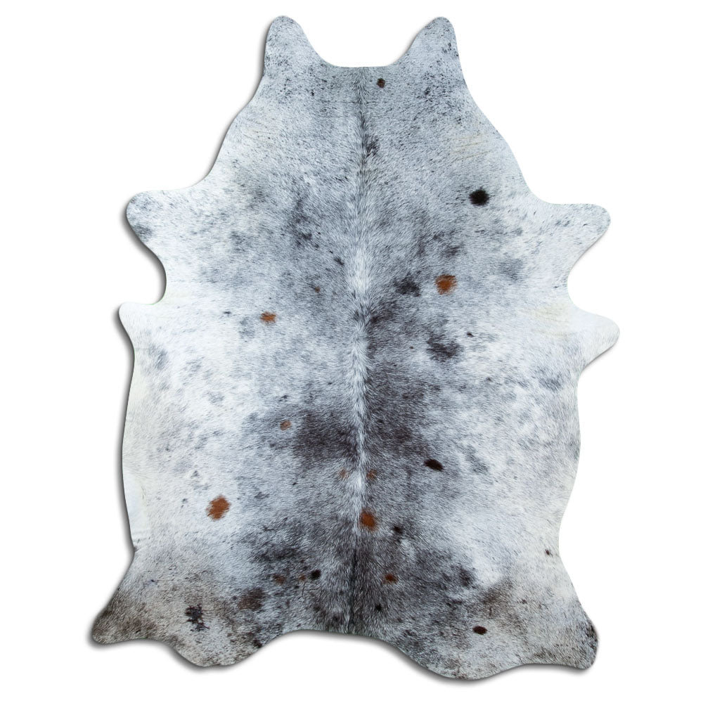 Salt and pepper cowhide rug of about 240 × 180 cm, seen from above: the exact hide you receive