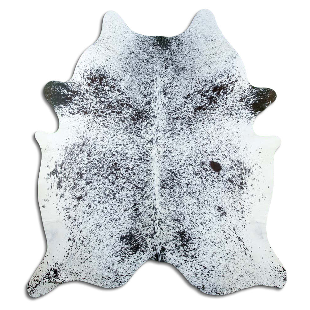 Salt and pepper cowhide rug of about 210 × 180 cm, seen from above: the exact hide you receive