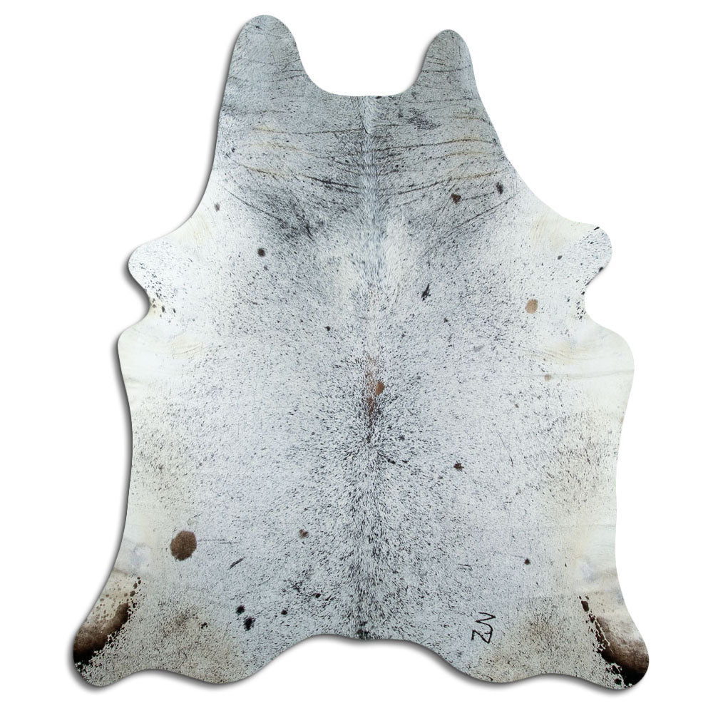 Salt and pepper cowhide rug of about 230 × 200 cm, seen from above: the exact hide you receive