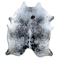 Salt and pepper cowhide rug of about 210 × 180 cm, seen from above: the exact hide you receive