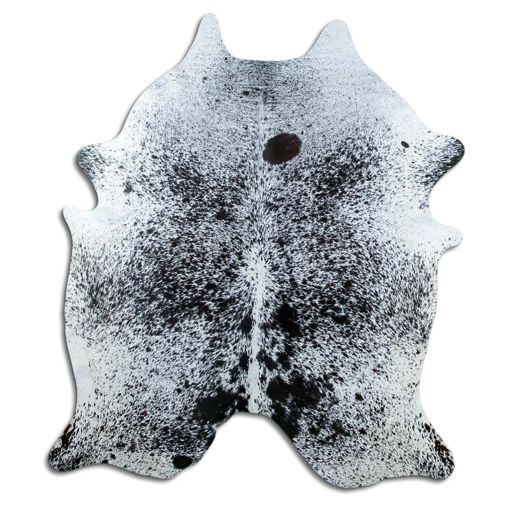 Salt and pepper cowhide rug of about 210 × 180 cm, seen from above: the exact hide you receive